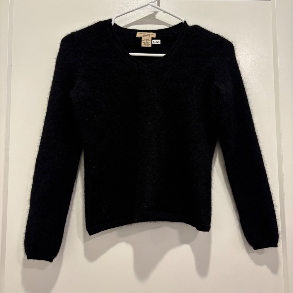 Vertical Design Cashmere Sweater Womens Medium Black 2-Ply Pullover Crew Neck
